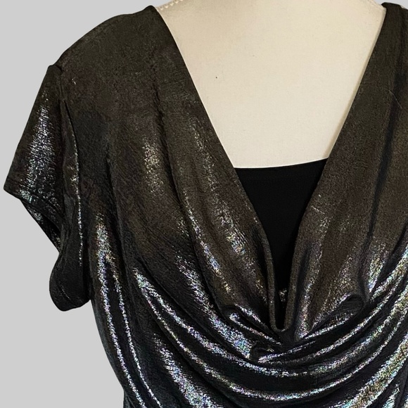 Clientele Vintage Shiny Silver Metallic Cowl Neck Cap Sleeve Holiday Party Top-M - Picture 2 of 16